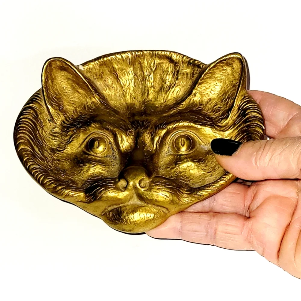 Vintage Cat Face Brass Trinket Dish